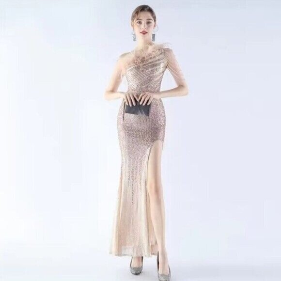 Gold, One Shoulder Beaded,Feather Neckline, Gradient Print, Sequined Gown - Picture 8 of 14